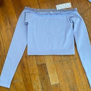 urban outfitters purple off the shoulder crop top.